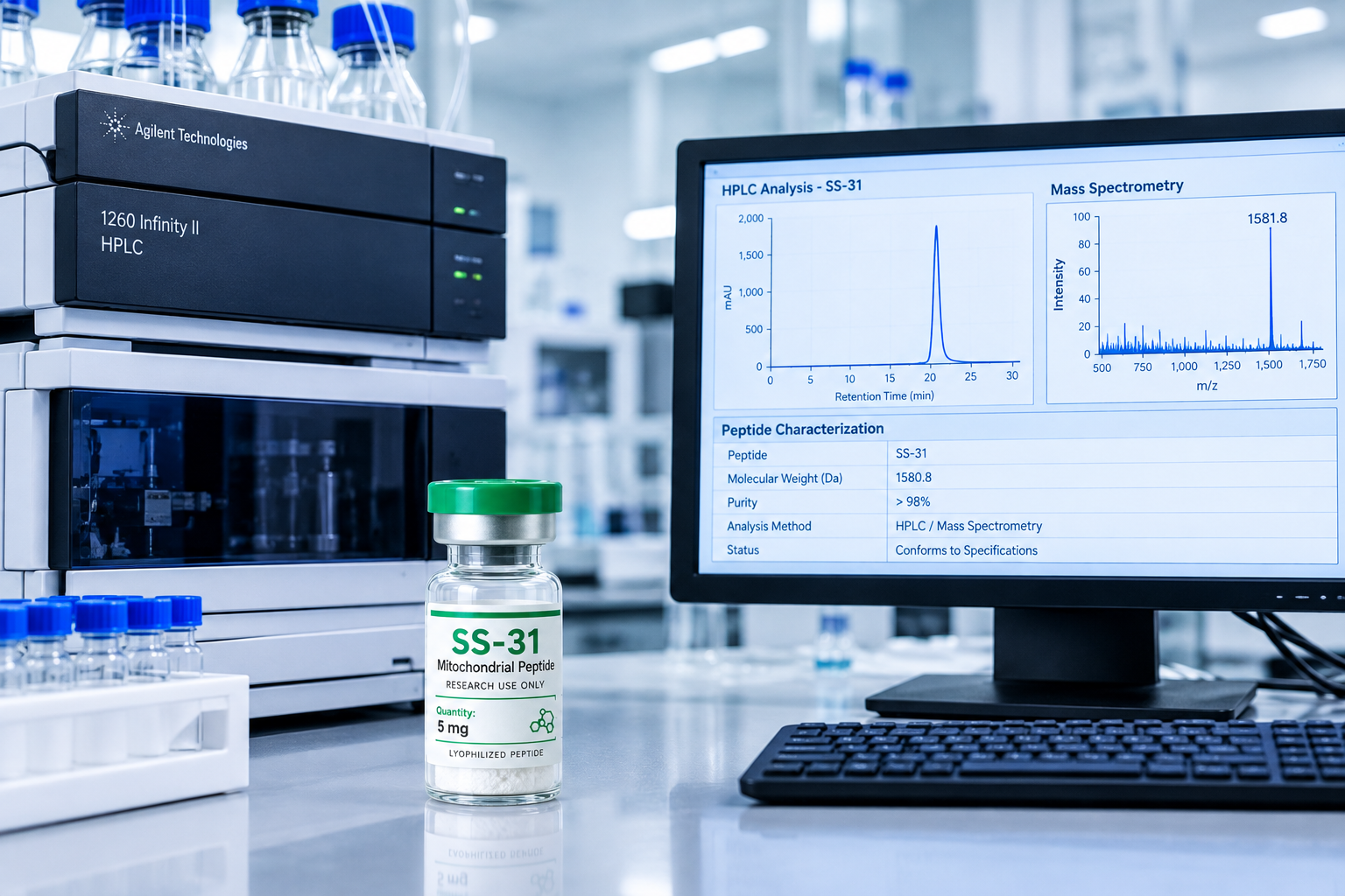 SS-31 Mitochondrial Peptide vial in a laboratory setting next to an HPLC machine and computer monitor displaying mass spectrometry analysis data.