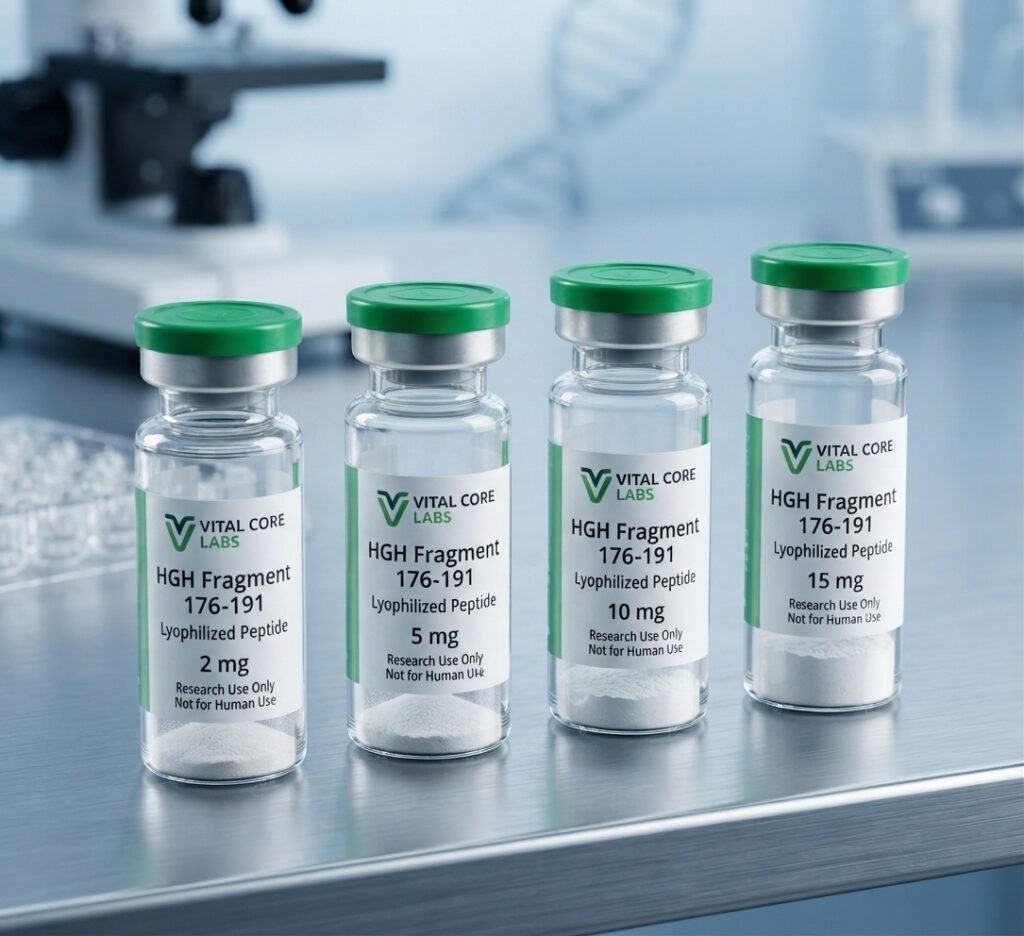A lineup of four Vital Core Lab HGH Fragment 176-191 vials with green lids and silver seals, showing increasing powder amounts for 2mg, 5mg, 10mg, and 15mg strengths.