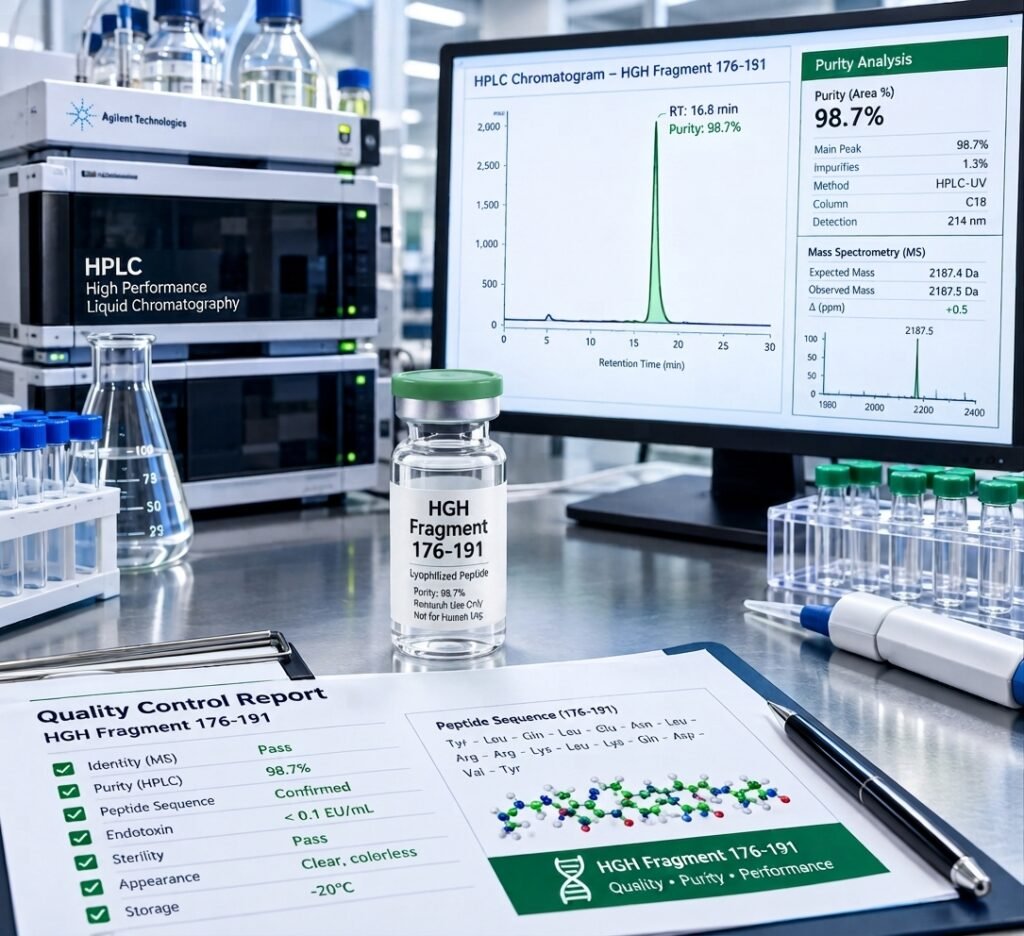 A comprehensive laboratory quality control report for HGH Fragment 176-191, showing pass results, HPLC purity of 98.7%, mass spectrometry data, and peptide sequence.