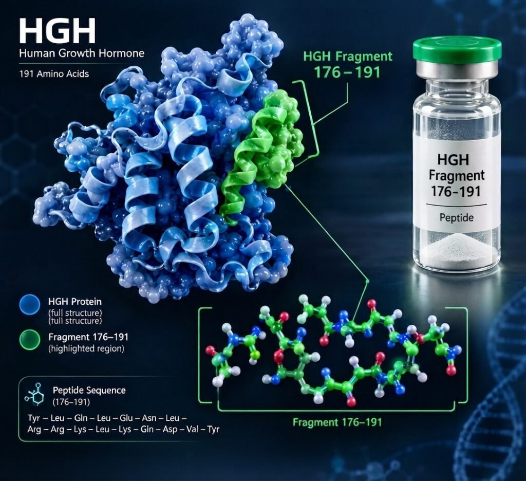 A scientific infographic comparing a full HGH protein structure to a highlighted HGH Fragment 176-191 region, with a molecular ball-and-stick model and peptide sequence.