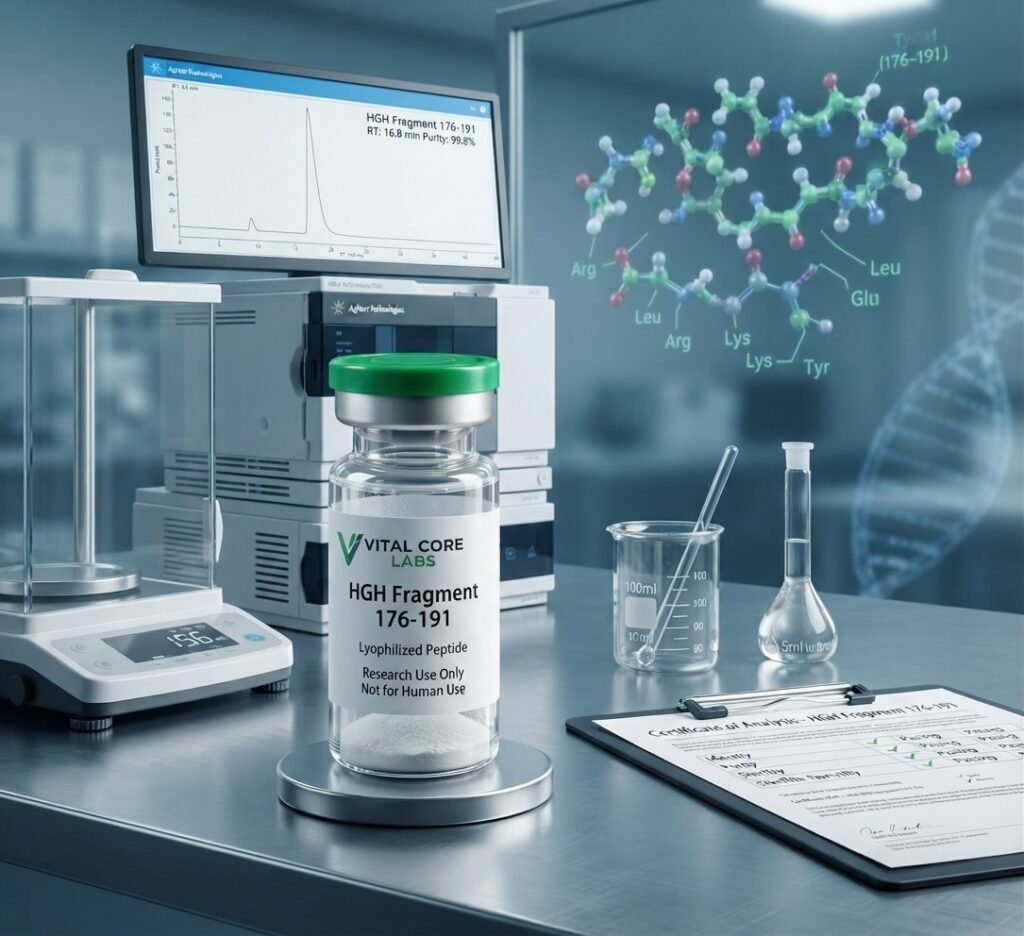 A professional laboratory scene focusing on an HGH Fragment 176-191 vial on a scale with an analytical instrument, chromatogram monitor, glassware, and COA in the background.