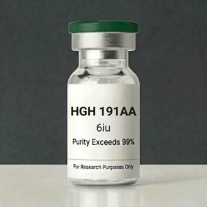 HGH 191AA Somatropin 6iu research peptide glass vial with green cap and purity label from Vitalcore Lab.