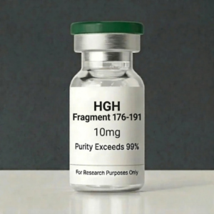 HGH Fragment 176-191 10mg research peptide glass vial with green cap and purity label from Vitalcore Lab.