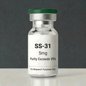 SS-31 Elamipretide 5mg research peptide glass vial featuring a green cap and purity specification label.