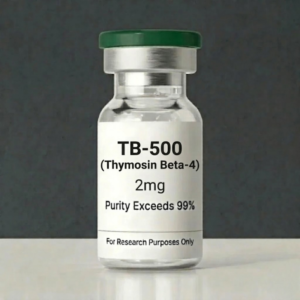 TB-500 (Thymosin Beta-4) 2mg research peptide glass vial with green cap and purity label from Vitalcore Lab.